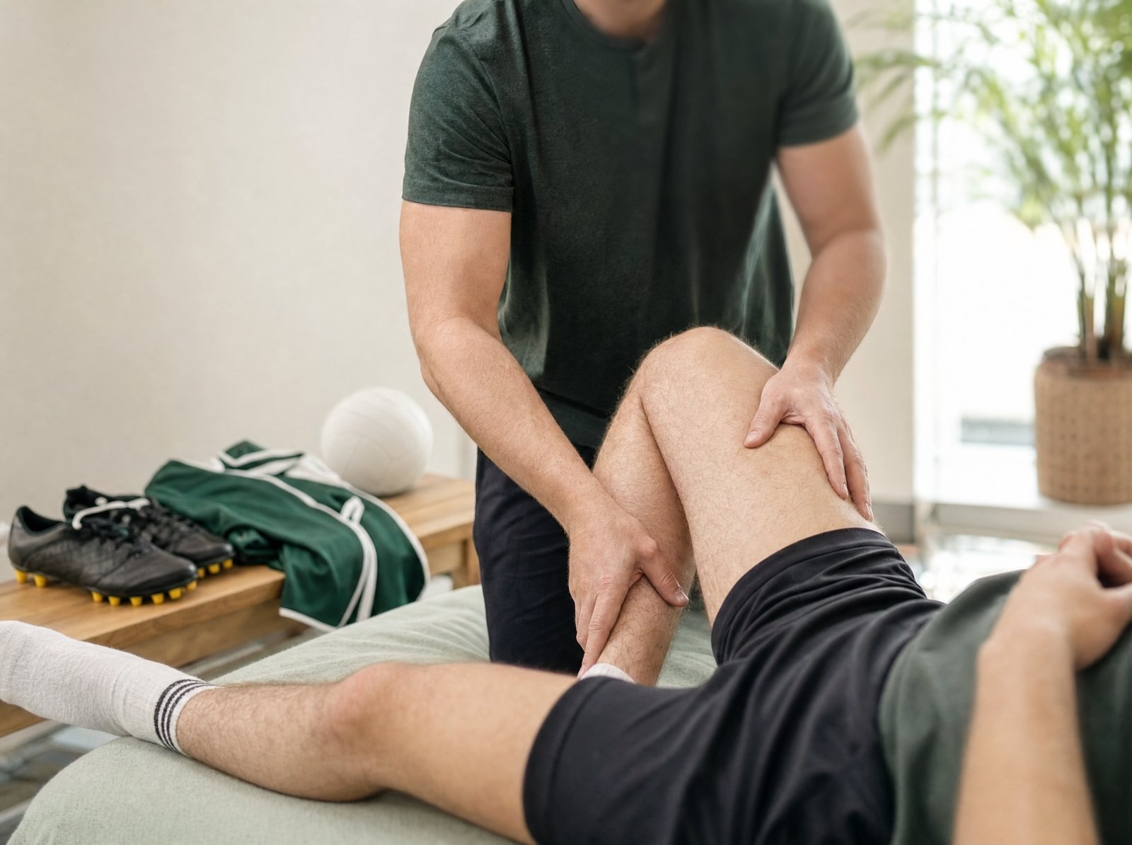 Physiotherapist examining a GAA player's thigh in the clinic in Ennis, Co. Clare
